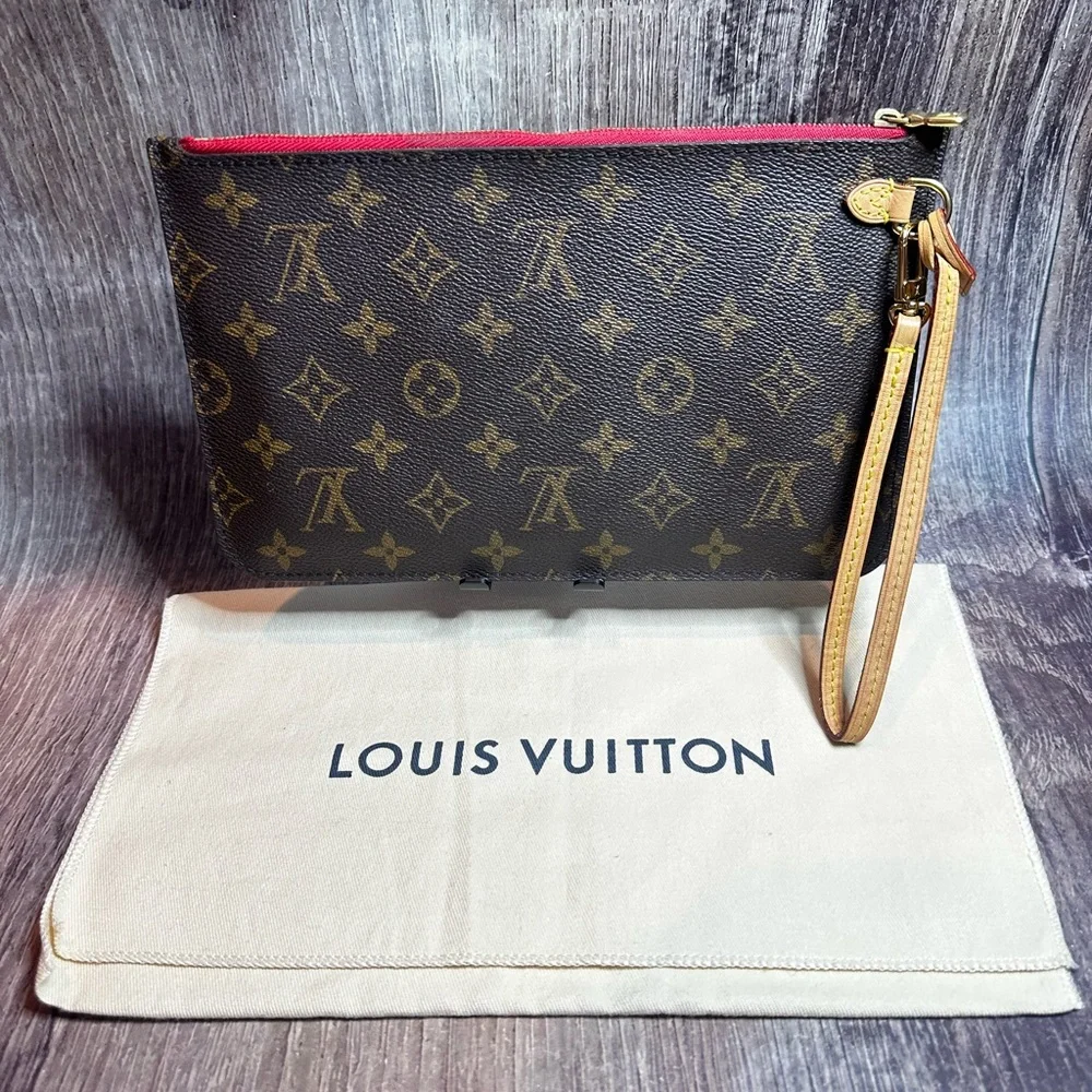 Louis Vuitton Pouchette Monogram Canvas Wristlet Clutch w/ Strap and Dust Bag